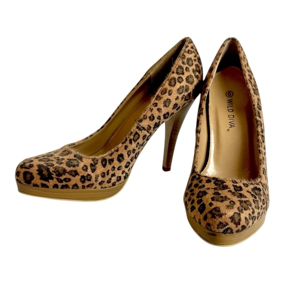 WILD DIVA Leopard Print Brown Black Heels High Heel Shoes Women’s Pumps Sandals - Picture 1 of 8